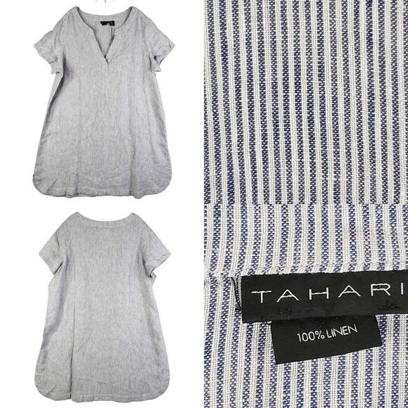 Tahari Dress Women's Plus Size 1X Blue Striped Linen Resort Lagenlook SS New - Picture 1 of 11